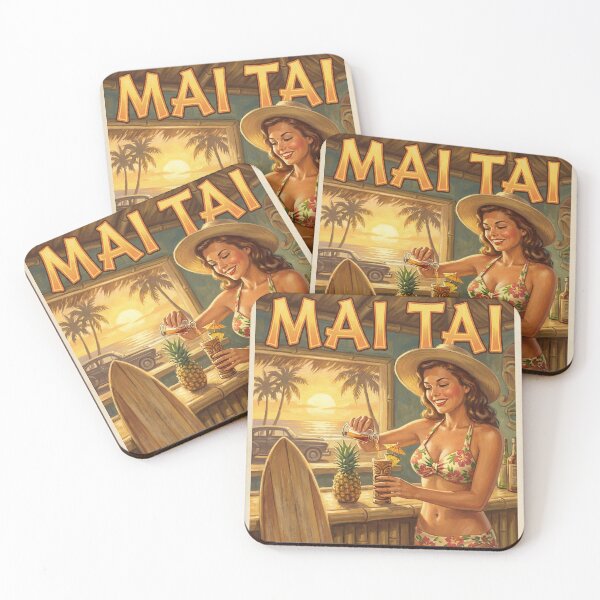 Item preview, "MAI TAI – ALOHA IN EVERY SIP!" Vintage 1950s California Surf Bikini Girl Poster designed and sold by Cozy-Old-Pub.