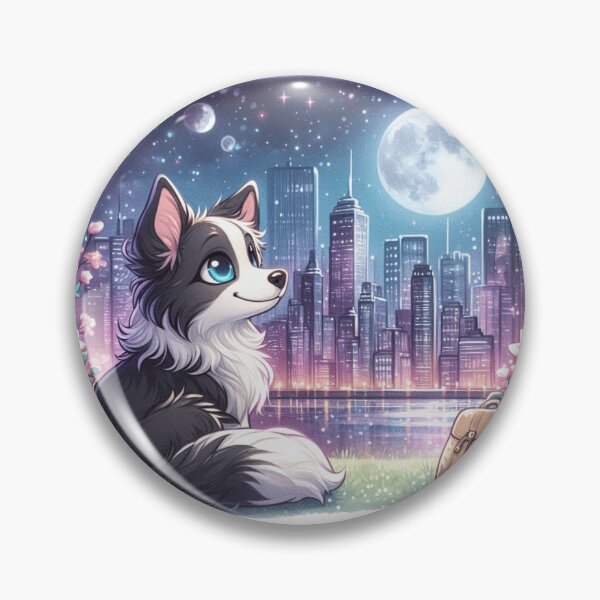 Item preview, Border Collie Puppy Looking At Moon Cityscape designed and sold by BigBlueArt.