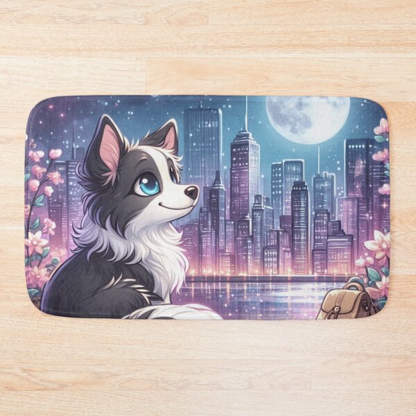 Item preview, Border Collie Puppy Looking At Moon Cityscape designed and sold by BigBlueArt.