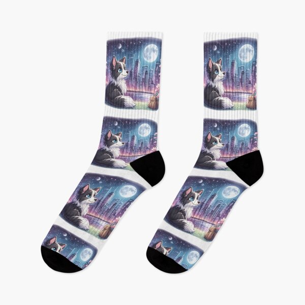 Item preview, Border Collie Puppy Looking At Moon Cityscape designed and sold by BigBlueArt.