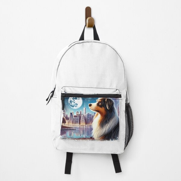 Item preview, Australian Shepherd Dog Looking At Moon Cityscape designed and sold by BigBlueArt.