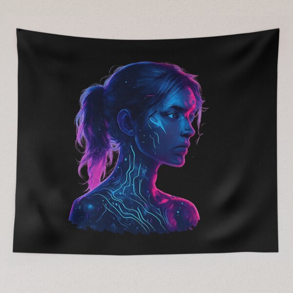 Item preview, Neon Circuit Soul – Cyberpunk Woman with Glowing Tech Tattoos Portrait designed and sold by AddictiveDesign.