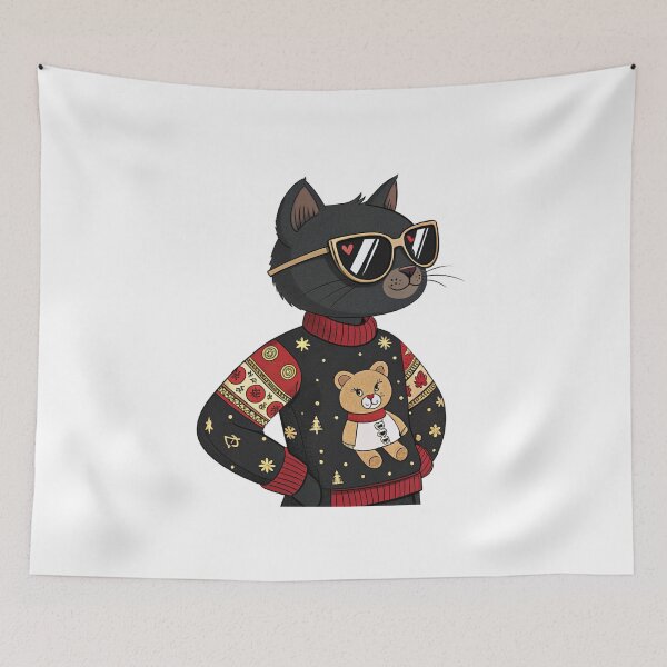 Item preview, Stylish Black Cat in Christmas Sweater – Cute Holiday Cat Art by Vivo Studio designed and sold by VivoStudio.