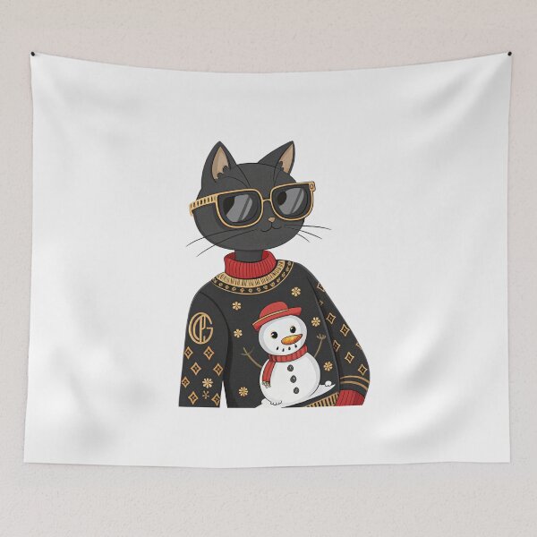 Item preview, Cool Black Cat in Christmas Snowman Sweater – Cute Holiday Winter Art by Vivo Studio designed and sold by VivoStudio.