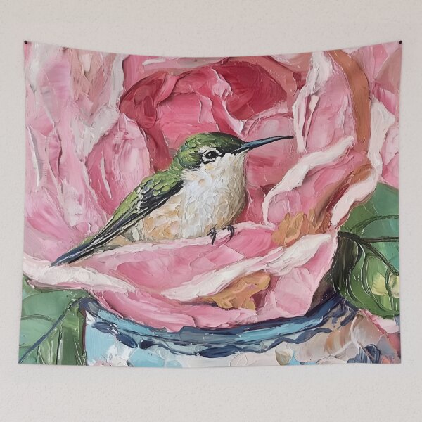 Item preview, Hummingbird sitting on a rose flower  designed and sold by SophieClimaArt.