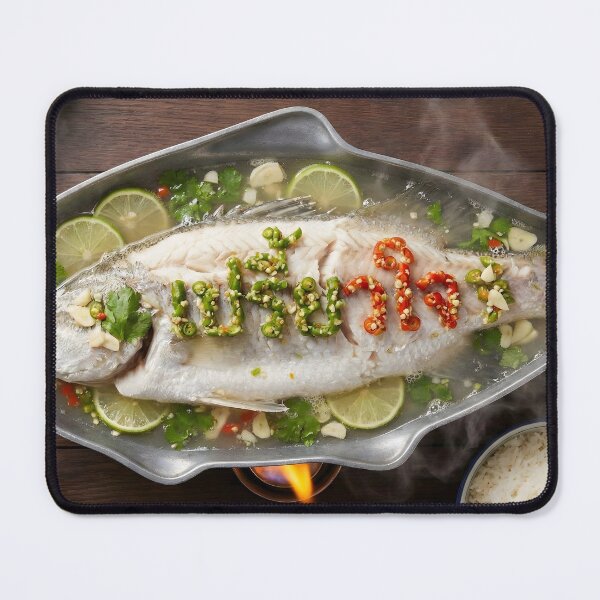Item preview, Steamed Sea Bass with Lime and Chili (Pla Neung Manao) Featuring Edible Typography designed and sold by mronsunday AI Art Studio.