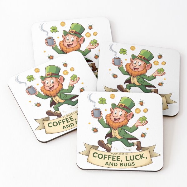 Item preview, Cartoon programmer leprechaun juggling coffee mug shamrock and tiny software bugs with bright green festive gold accents designed and sold by ArtPetrenko90.