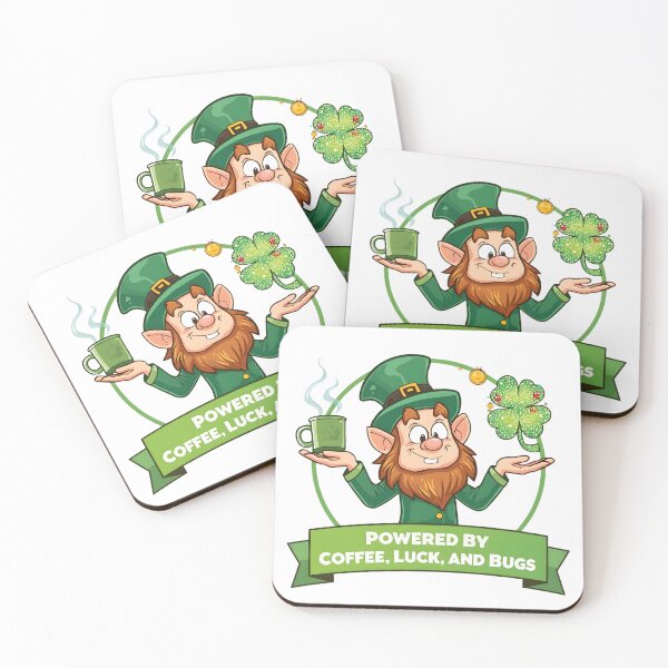 Item preview, Cartoon programmer leprechaun juggling coffee mug shamrock and tiny software bugs with bright green festive gold accents designed and sold by ArtPetrenko90.