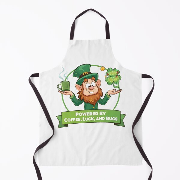 Item preview, Cartoon programmer leprechaun juggling coffee mug shamrock and tiny software bugs with bright green festive gold accents designed and sold by ArtPetrenko90.