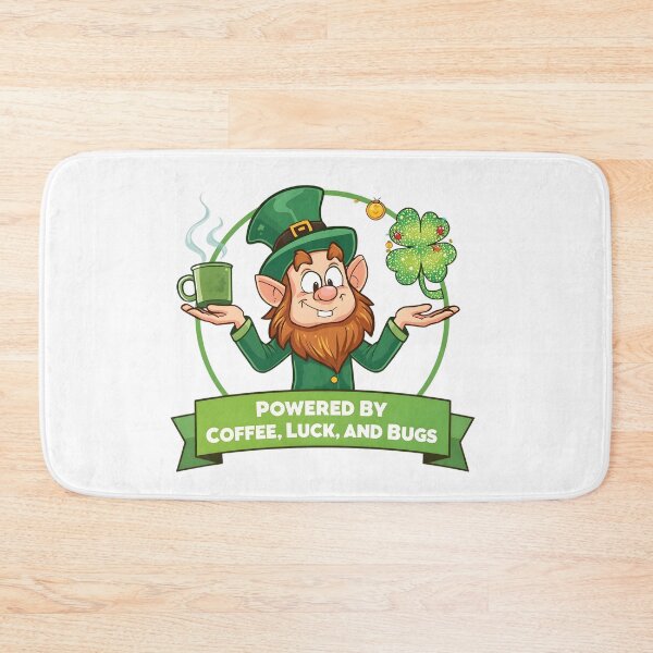 Item preview, Cartoon programmer leprechaun juggling coffee mug shamrock and tiny software bugs with bright green festive gold accents designed and sold by ArtPetrenko90.