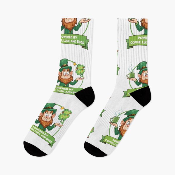 Item preview, Cartoon programmer leprechaun juggling coffee mug shamrock and tiny software bugs with bright green festive gold accents designed and sold by ArtPetrenko90.