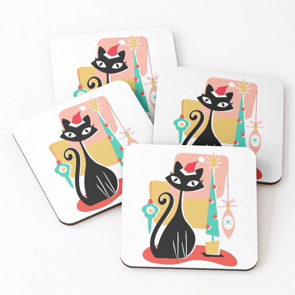 Item preview,  Vintage retro MCM Mid Century modern with black kitty cat and festive Tree and ornaments designed and sold by Jdawnink.