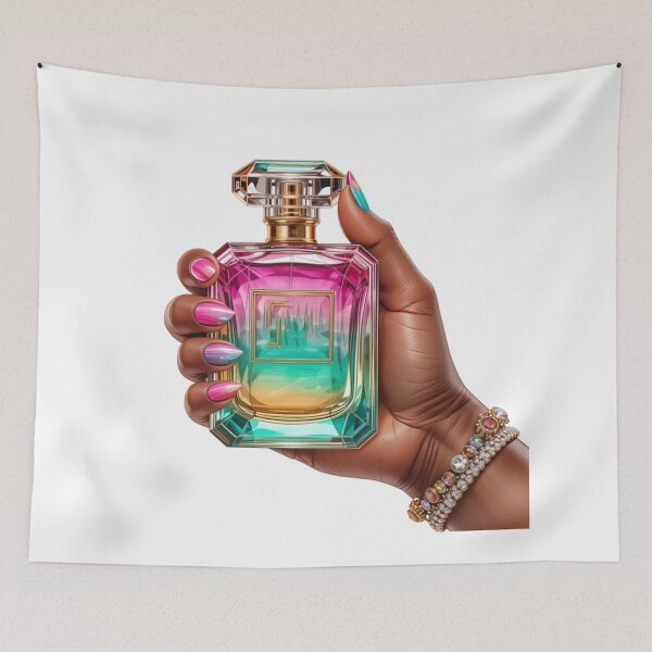 Item preview, Luxury Gradient Perfume Bottle Held by Dark-Skin Hand with Glossy Nails designed and sold by Lulunza.