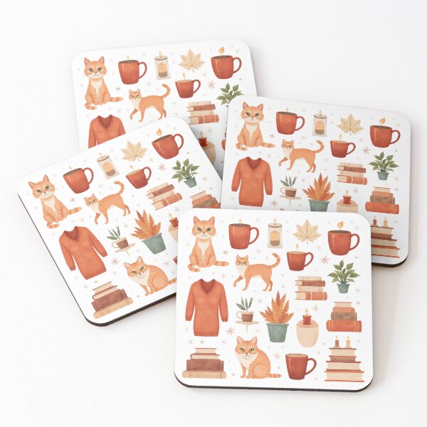 Item preview, Cozy autumn elements with cats, warm beverages, and fall decorations featuring books, plants, and cozy sweaters designed and sold by SpaceartLilu.