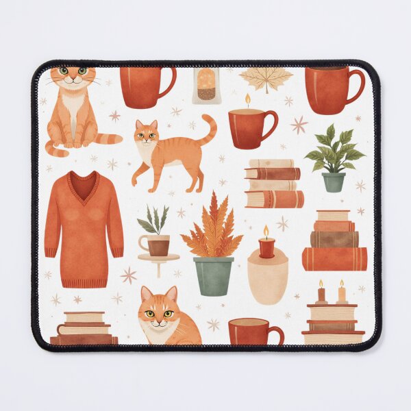 Item preview, Cozy autumn elements with cats, warm beverages, and fall decorations featuring books, plants, and cozy sweaters designed and sold by SpaceartLilu.