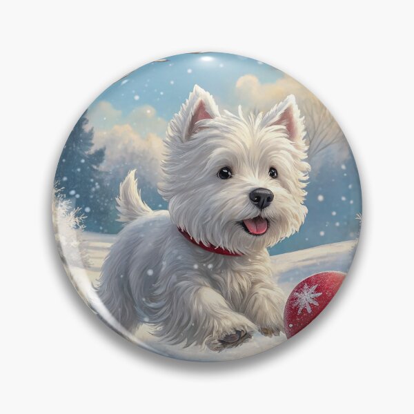 Item preview, Joyful Westie Puppy Playing with Red Christmas Ball in Snowy Winter Forest designed and sold by skibreck.