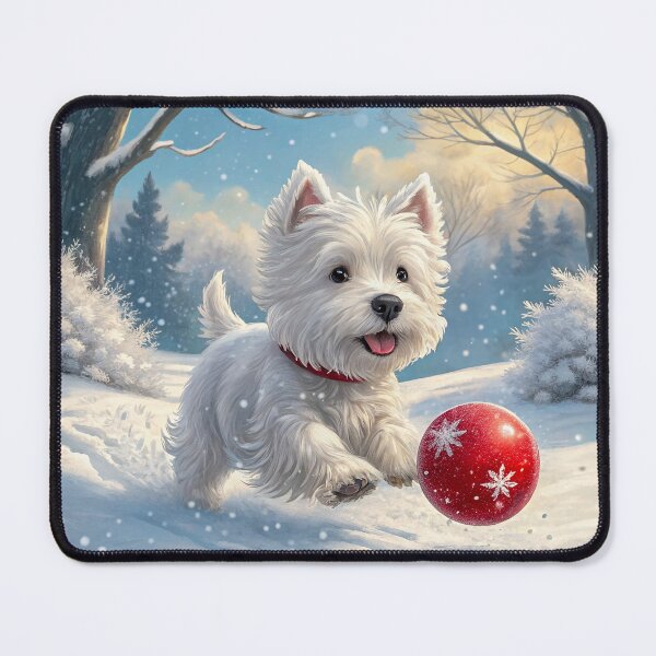 Item preview, Joyful Westie Puppy Playing with Red Christmas Ball in Snowy Winter Forest designed and sold by skibreck.