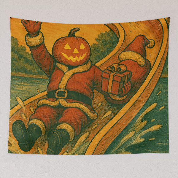Item preview, Headless Horseman Santa on Water Slide with Christmas Gift: Retro Holiday Art designed and sold by TheHorsemanRidesAgain.