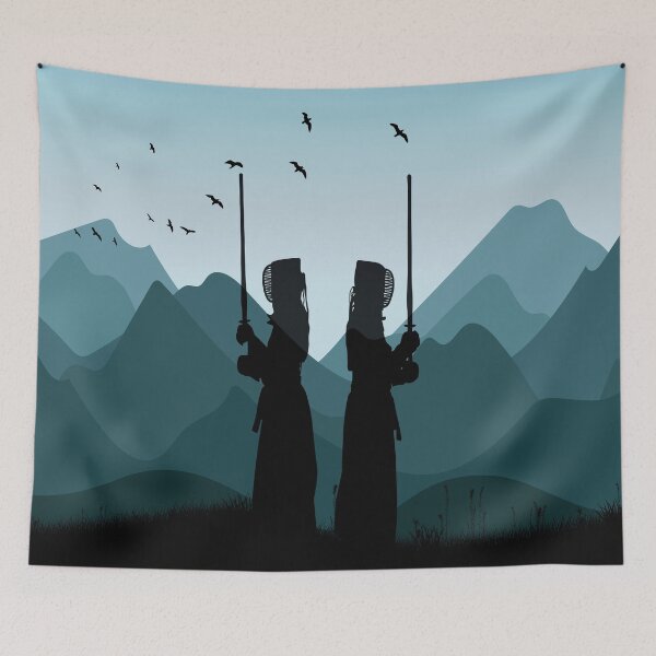 Item preview, Kendo Mountains – Japanese Martial Arts Samurai Warrior Silhouette Landscape designed and sold by leen12 Art Designs Prints.