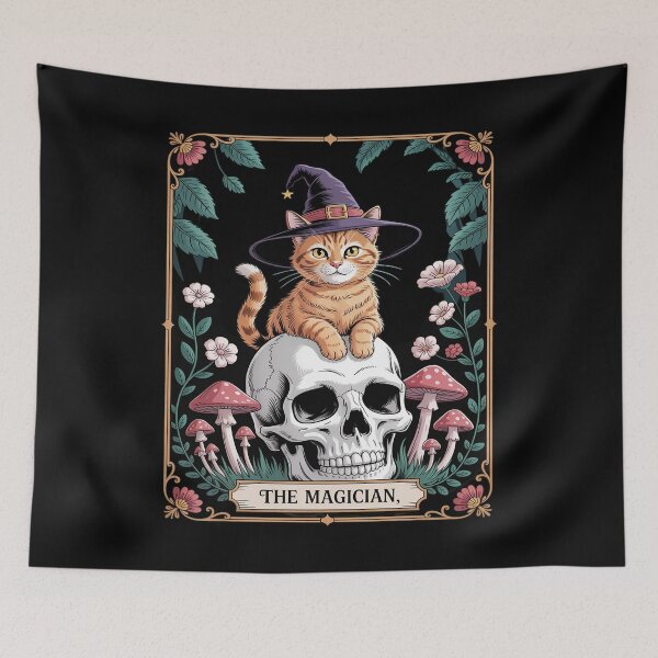 Item preview, Witchy Cute Cat Tarot Card Gothic Cottagecore Mushroom Skull designed and sold by TechnicalSara.