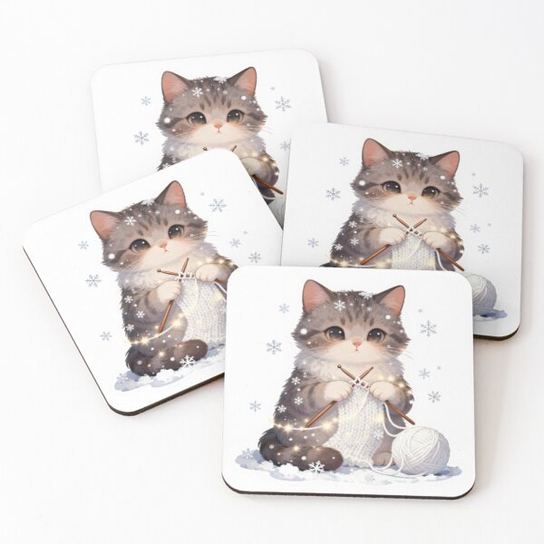 Item preview, Christmas Snow-Knitting Cat – Magical Winter Yarn Illustration designed and sold by BlueYasmine.