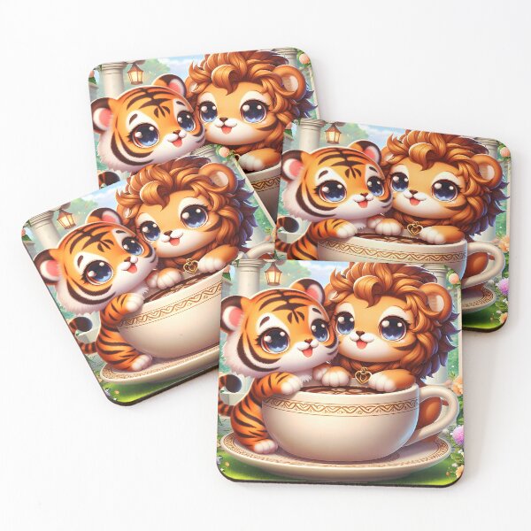 Item preview, Tiger and Lion Cubs Sharing a Cappuccino – Cute  Animal Illustration designed and sold by EmeraldeaArt.