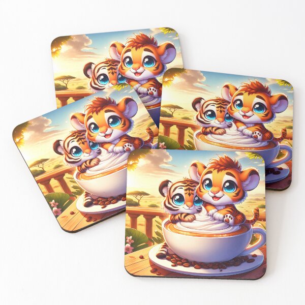 Item preview, Two Tiger Cubs with Giant Cappuccino on Savannah Terrace – Cute Animal Illustration designed and sold by EmeraldeaArt.