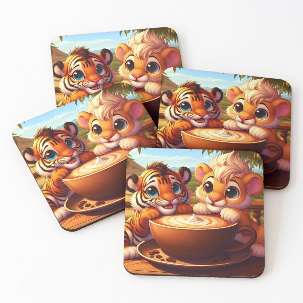 Item preview, Tiger and Lion Cub on Savannah Terrace with Cappuccino – Cute Animal Illustration designed and sold by EmeraldeaArt.
