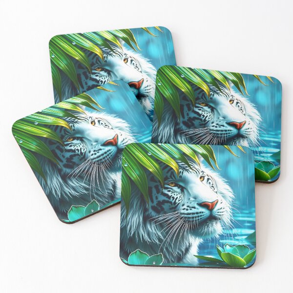 Item preview, White Tiger Under Palm Leaf in Rain – Crystal Clear Digital Art (2:3 Card Edition) designed and sold by EmeraldeaArt.
