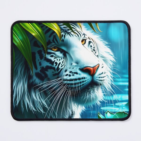 Item preview, White Tiger Under Palm Leaf in Rain – Crystal Clear Digital Art (2:3 Card Edition) designed and sold by EmeraldeaArt.
