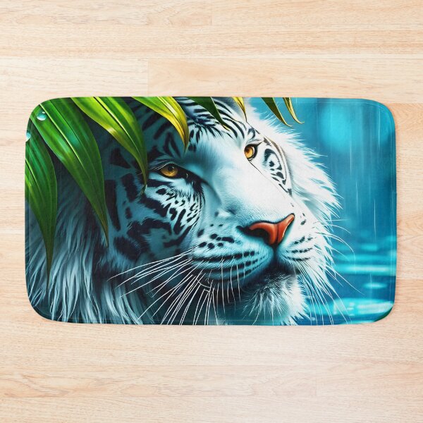 Item preview, White Tiger Under Palm Leaf in Rain – Crystal Clear Digital Art (2:3 Card Edition) designed and sold by EmeraldeaArt.