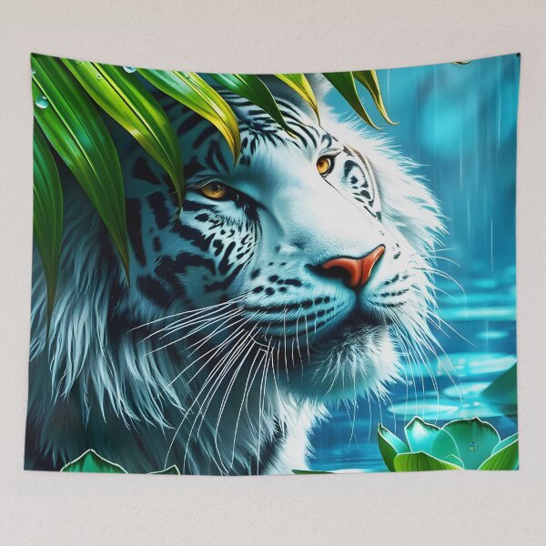 Item preview, White Tiger Under Palm Leaf in Rain – Crystal Clear Digital Art (2:3 Card Edition) designed and sold by EmeraldeaArt.