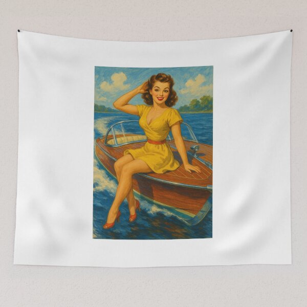 Item preview, Vintage Pin-Up Girl on Speedboat – Retro Nautical 1950s Pinup Art Classic Boat designed and sold by Fleetwood1994.