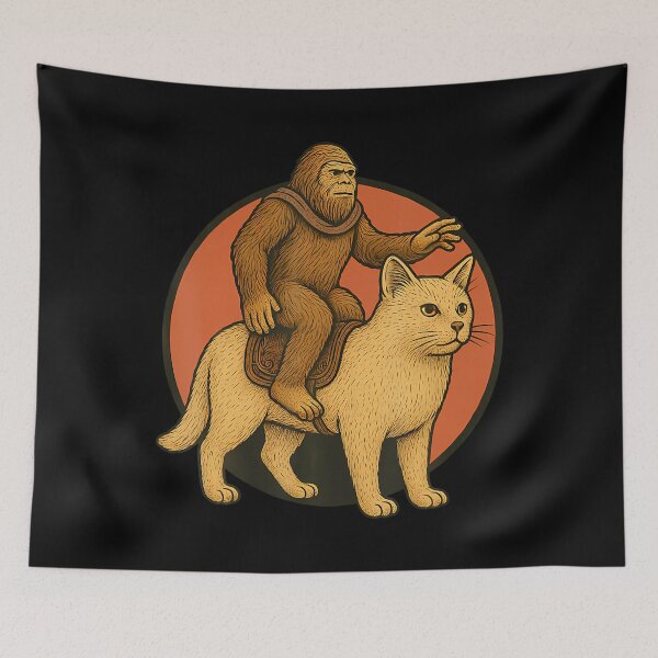 Item preview, Funny Bigfoot Riding Cat In Stylized Creature Scene Cryptid designed and sold by JaneJanie.