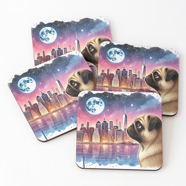 Item preview, Moon Gazing Pug City Skyline Art designed and sold by BigBlueArt.