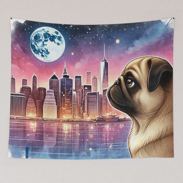 Item preview, Moon Gazing Pug City Skyline Art designed and sold by BigBlueArt.