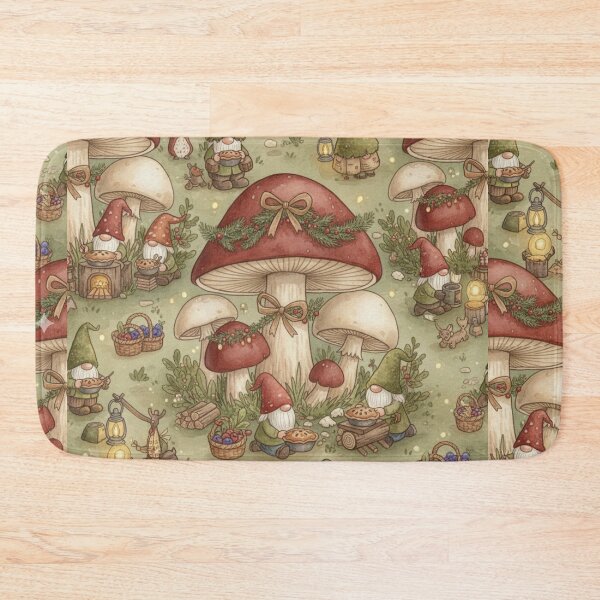 Item preview, Cozy Gnome Christmas Pattern | Cottagecore Fungi Holiday | Woodland Gnomes Seamless Print designed and sold by kinany00.