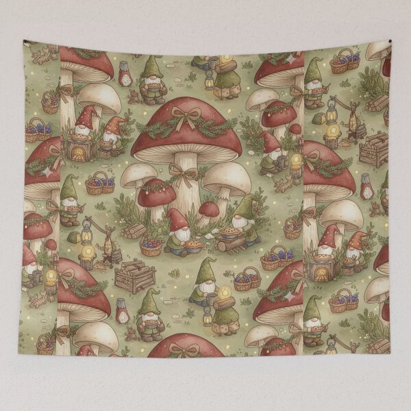 Item preview, Cozy Gnome Christmas Pattern | Cottagecore Fungi Holiday | Woodland Gnomes Seamless Print designed and sold by kinany00.