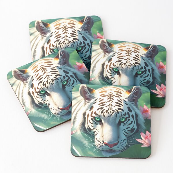 Item preview, Bathing White Tiger in Calm Green Lake Among Waterlilies –card edition 2:3 designed and sold by EmeraldeaArt.
