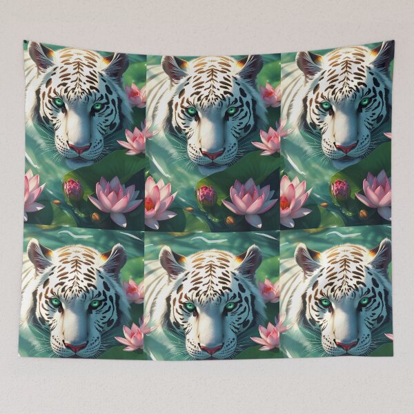 Item preview, Bathing White Tiger in Calm Green Lake Among Waterlilies –card edition 2:3 designed and sold by EmeraldeaArt.