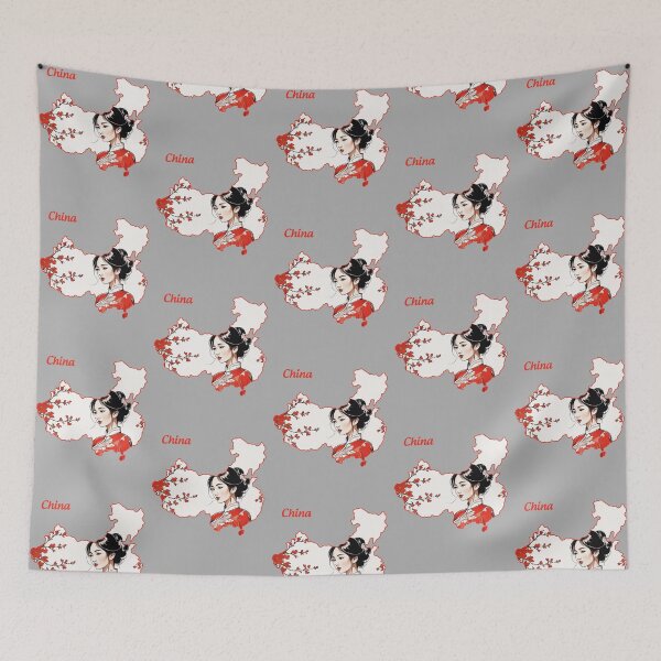 Item preview, China Elegance – Traditional Woman & Sakura Map Art designed and sold by mashmosh.