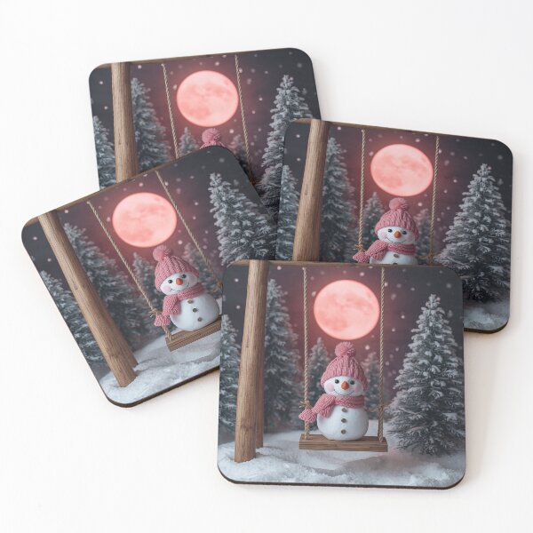 Item preview, Snowman on a Swing under Pink Moon – Cozy Winter Holiday Scene designed and sold by PixelVibe782.