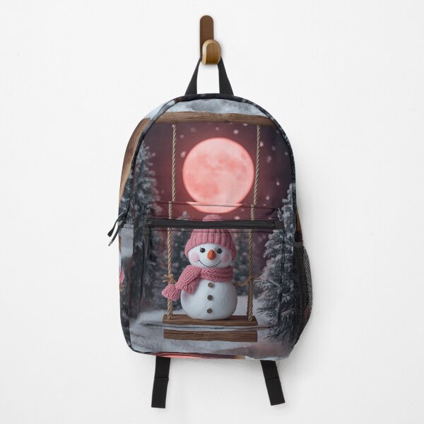 Item preview, Snowman on a Swing under Pink Moon – Cozy Winter Holiday Scene designed and sold by PixelVibe782.