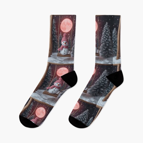 Item preview, Snowman on a Swing under Pink Moon – Cozy Winter Holiday Scene designed and sold by PixelVibe782.