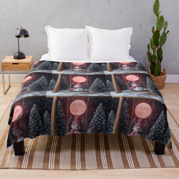 Item preview, Snowman on a Swing under Pink Moon – Cozy Winter Holiday Scene designed and sold by PixelVibe782.