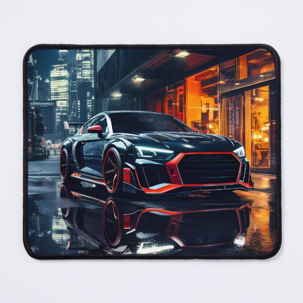 Item preview, Futuristic race car parked in neon-lit urban street designed and sold by RevUpDesign.