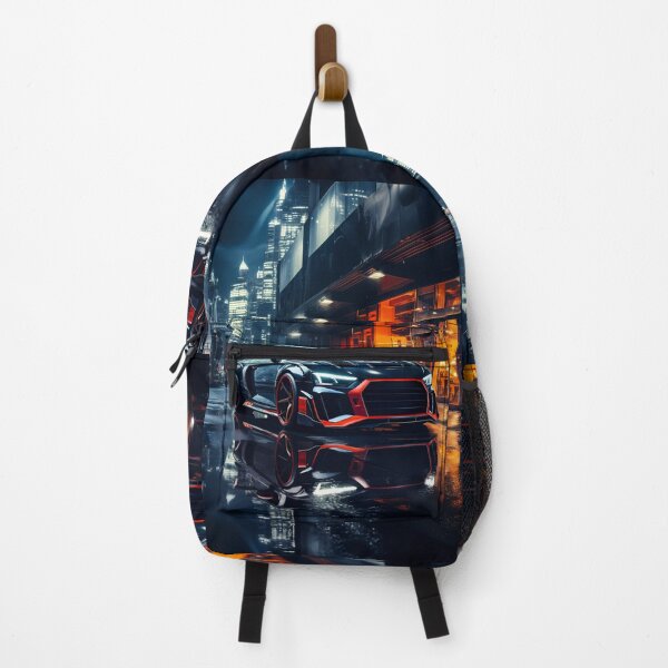 Item preview, Futuristic race car parked in neon-lit urban street designed and sold by RevUpDesign.