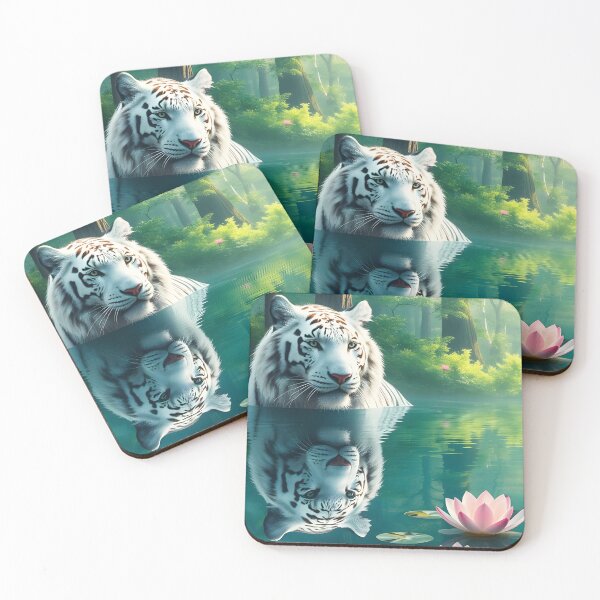 Item preview,  White Tiger Sitting in Calm Lake Among Waterlilies – 2:3 card edition designed and sold by EmeraldeaArt.