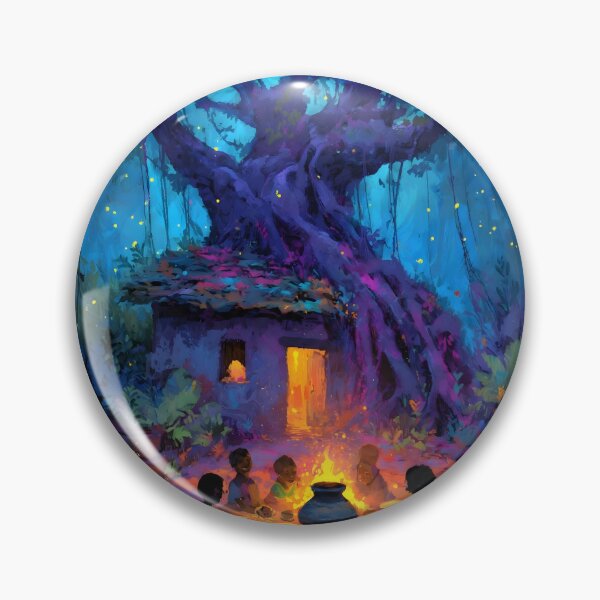 Item preview, Indian Village Under Banyan Tree - Colorful Folk Art Landscape, Enchanted Night Forest Illustration designed and sold by AtotheTwoDesign.