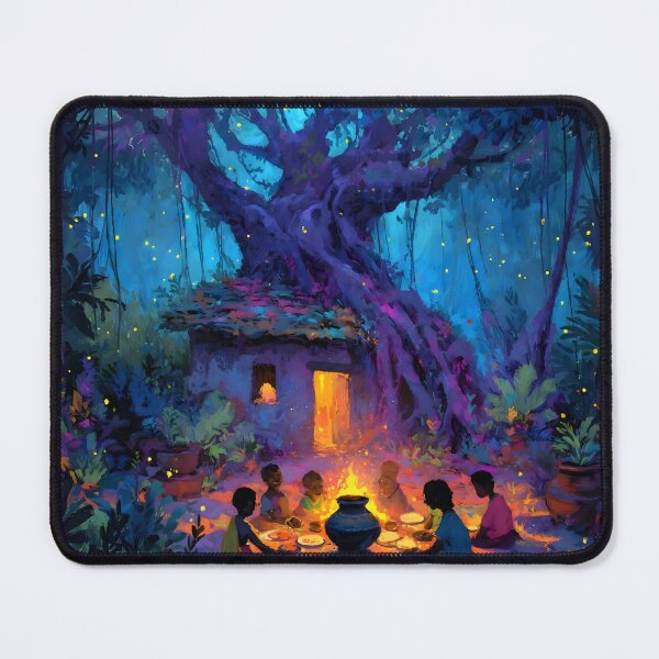 Item preview, Indian Village Under Banyan Tree - Colorful Folk Art Landscape, Enchanted Night Forest Illustration designed and sold by AtotheTwoDesign.